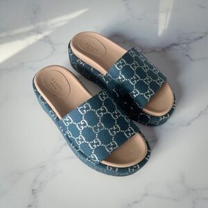 Gucci Women's GG Lame Platform Sandals Blue Size 38